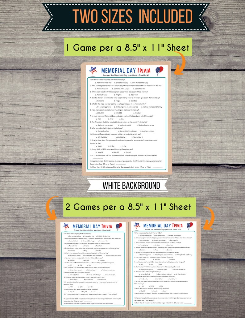 Op de afbeelding: Twee printbare Memorial Day-trivia-spellen. Het eerste spel is ontworpen voor &eacute;&eacute;n speler per vel papier van 8,5 x 11 inch. Het tweede spel is ontworpen voor twee spelers per vel papier van 8,5 x 11 inch. Beide spellen hebben een witte achtergrond en rode, witte en blauwe accenten.