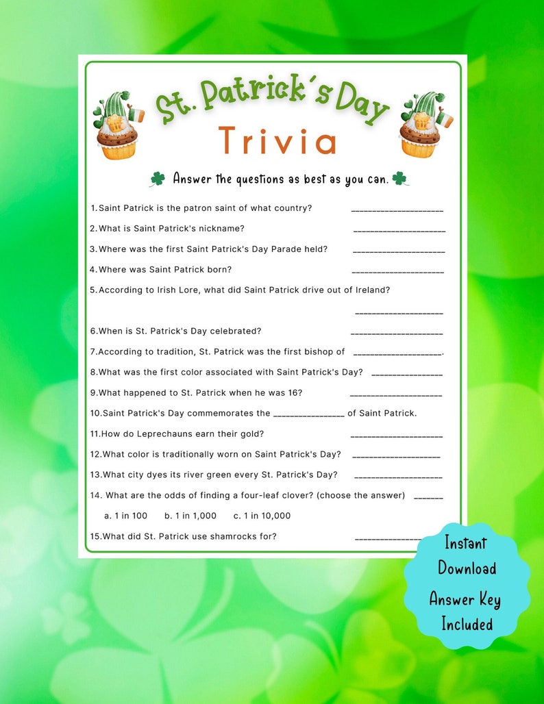 St. Patrick's Day Trivia Game St. Patrick's Day Game for Kids & Adults St. Patrick's Fun Party Game St. Patrick's Classroom Activity image 5