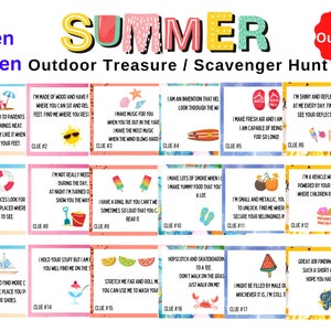 Búsqueda del tesoro divertida de verano al aire libre para niños, búsqueda del tesoro en interiores imprimible 17 pistas, actividad de verano para adolescentes preadolescentes, actividad para niños