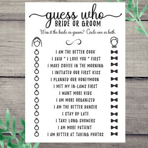 Guess Who Bride or Groom Bridal Shower Game, Printable, Bride &amp; Groom ...