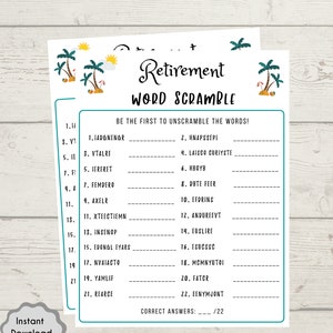 May include: A printable retirement word scramble game with a tropical theme. The game features palm trees, a sun, and a beach umbrella. The game includes 22 words to unscramble.