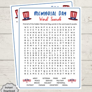 May include: A printable Memorial Day word search puzzle with a red, white, and blue patriotic theme. The puzzle features a red, white, and blue top hat with stars and stripes. The words to find are: Army, Peace, Brave, Patriot, Parade, Veteran, Service, Holiday, Pride, Military, Memorial, Medal, War, and Cemetery.