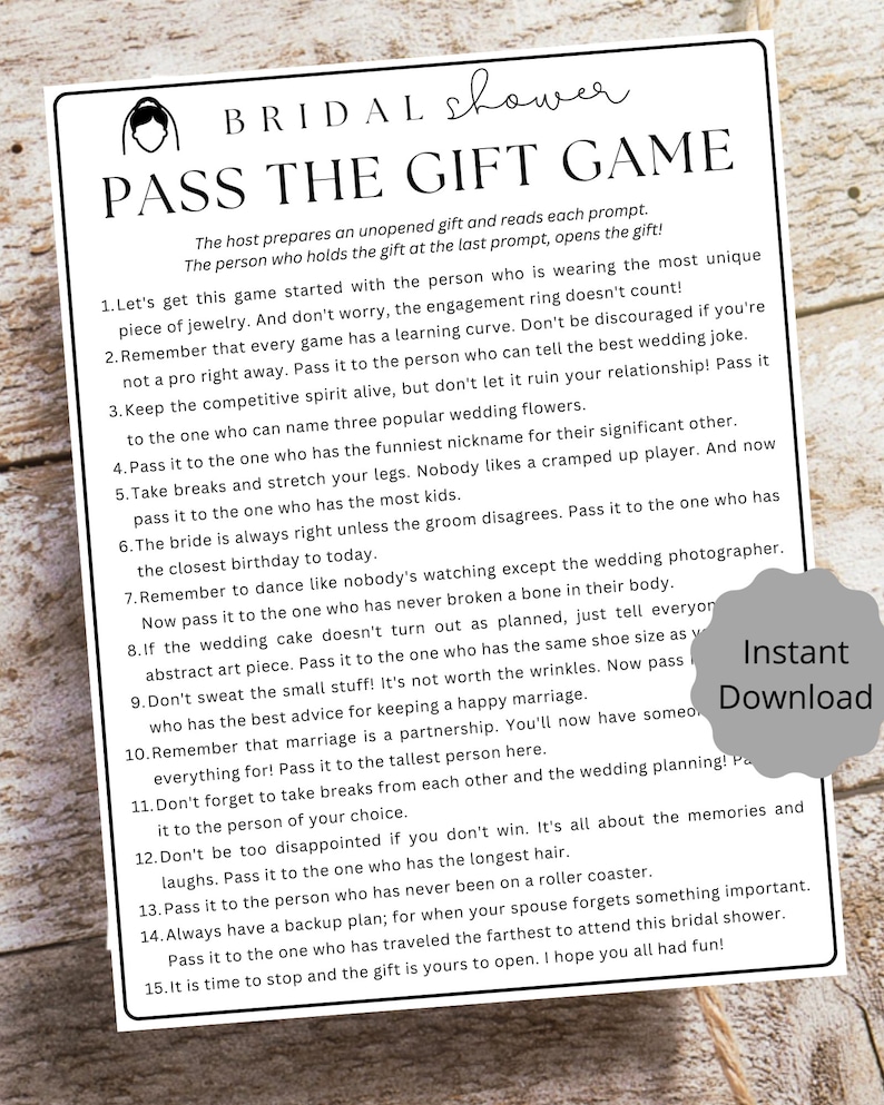 Pass the Gift Game Bridal Shower Printable Game, Kraft rustic bridal shower, instant download, Fun Bridal Shower Party Game, Pass the Prize image 3