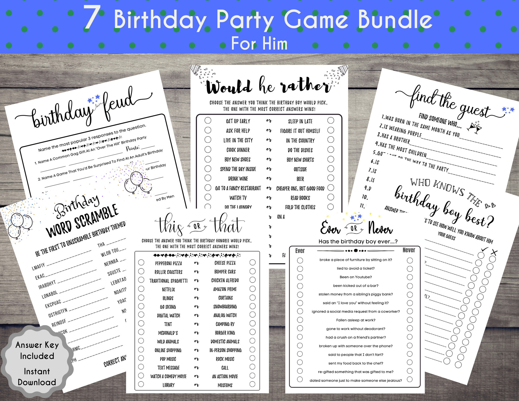 Birthday Games for Him Bundle, Adult Birthday Party, Birthday Trivia Games,20th, 21st, 25th, 30th, 35th, 45th, Birthday Games, PRINTABLES
