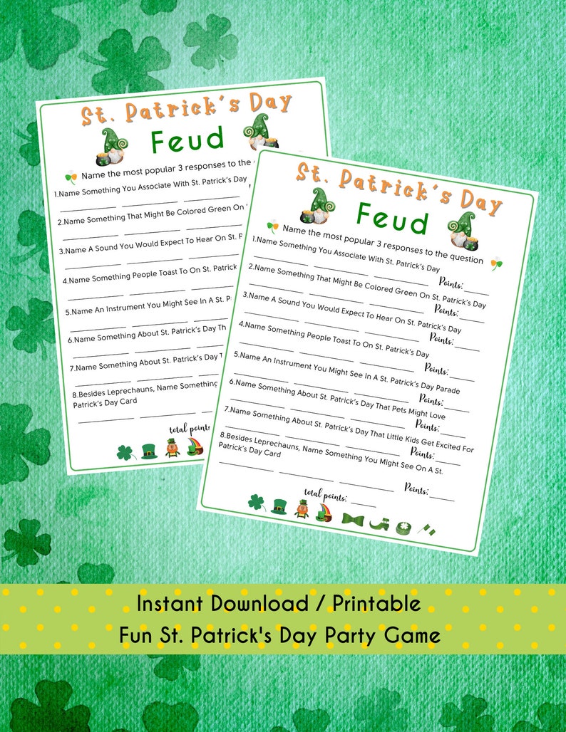 Fun St. Patrick's Day Feud Printable Game St. Patrick's Day Game for Kids & Adult St. Paddy's Party Game St. Patty's Classroom Game image 4