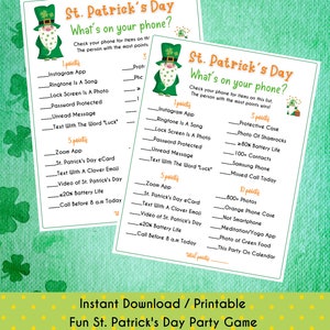 May include: A printable St. Patrick's Day party game with a green leprechaun illustration. The game asks players to check their phones for items on the list and award points for each item found.  The person with the most points wins.