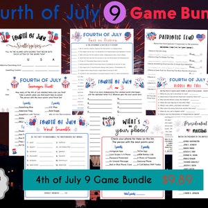 May include: A set of nine printable 4th of July games for a party or gathering. The games include a word scramble, a scavenger hunt, a fact or fiction quiz, a patriotic feud, a riddle me this, a what's on your phone game, and a matching game of presidential couples. The games are designed to be fun and engaging for all ages.