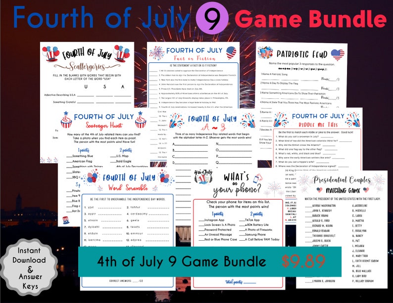 May include: A set of nine printable 4th of July games for a party or gathering. The games include a word scramble, a scavenger hunt, a fact or fiction quiz, a patriotic feud, a riddle me this, a what's on your phone game, and a matching game of presidential couples. The games are designed to be fun and engaging for all ages.