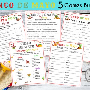 5 Cinco de Mayo Games Bundle l Fun Printable Game | Mexican Fiesta Trivia Game |  Cinco de Mayo Activity for Kids & Adults | Classroom Games