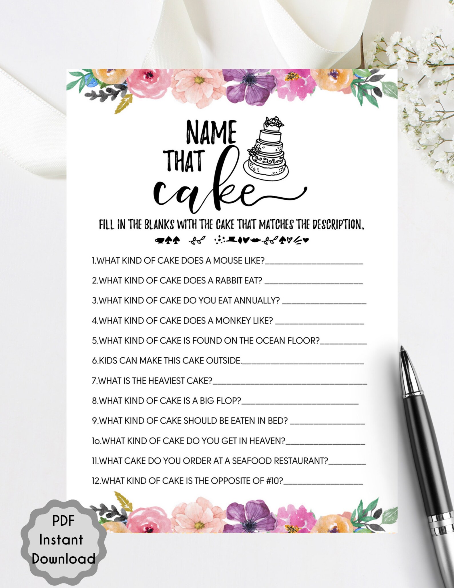 Name That Cake Bridal Shower Game L Floral Bridal Shower L Etsy