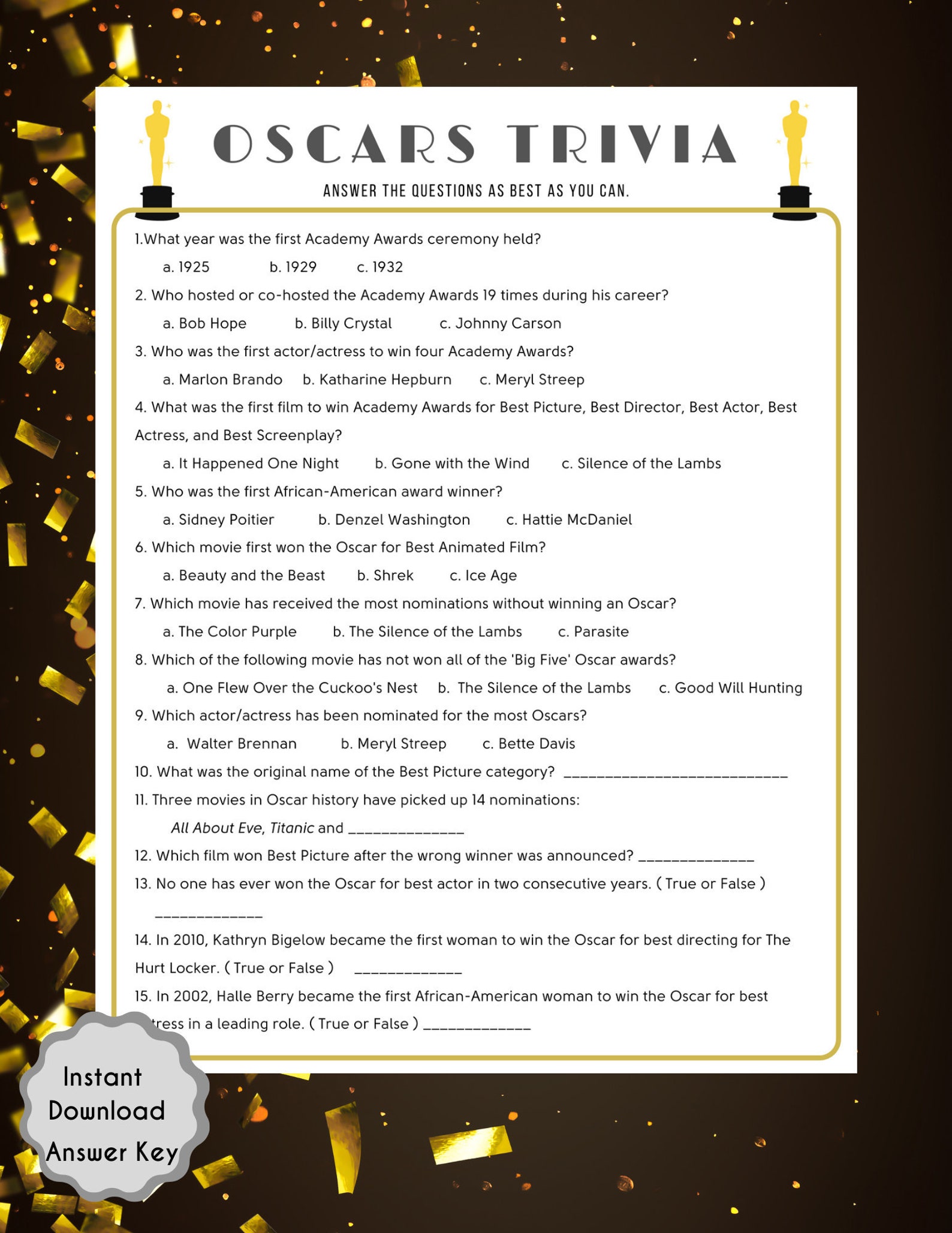 Oscars Trivia Game 95th Academy Awards Printable Game Etsy