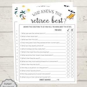 May include: A printable game for a retirement party. The game is called "Who Knows the Retiree Best?" and has 15 questions about the retiree. Players answer the questions by circling "yes" or "no".