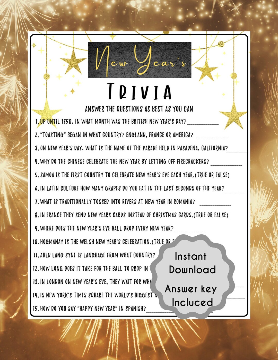 New Years Eve Trivia Game Printable New Year's Eve Game New Year Party Game Family New Years ...