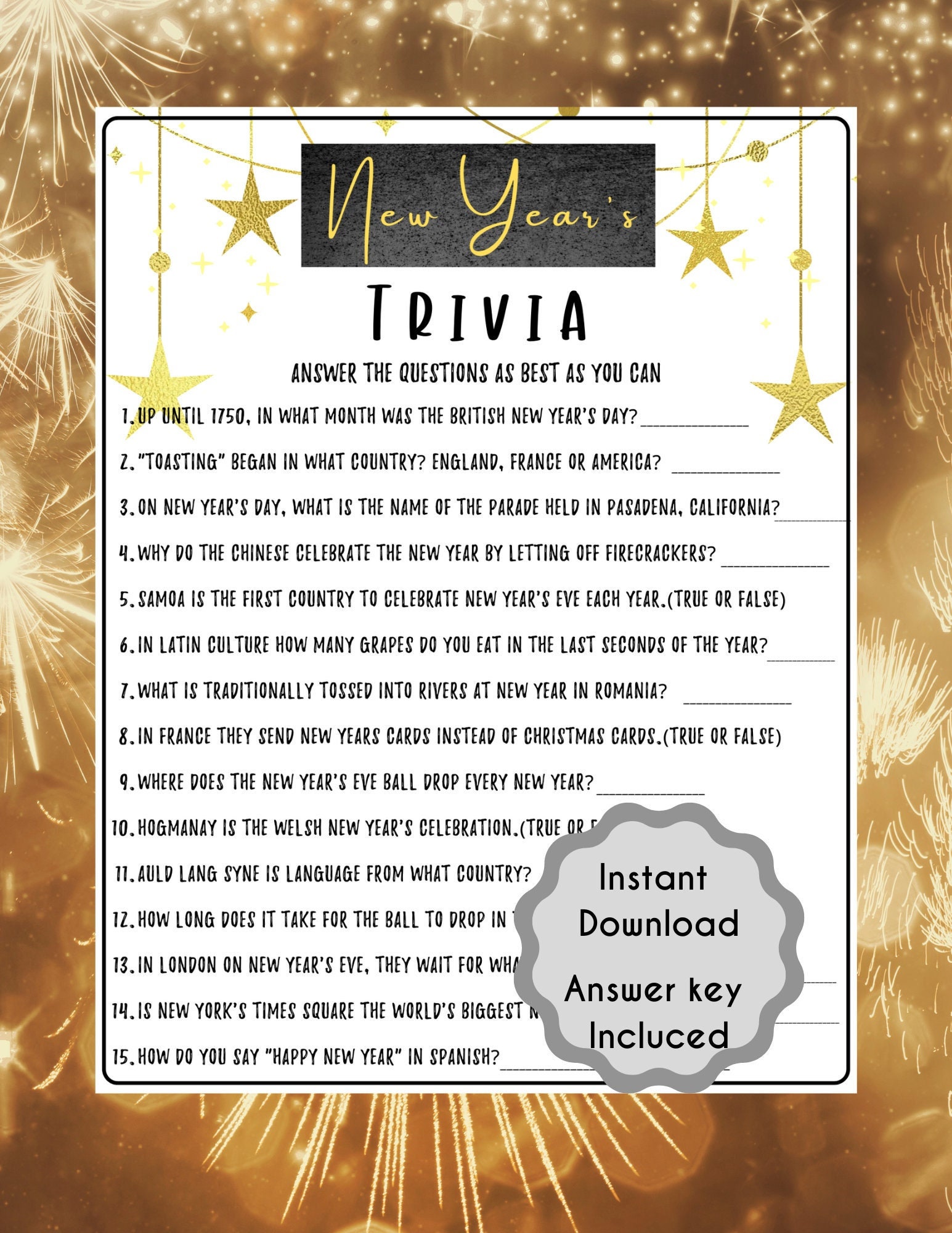 New Years Eve Trivia Game Printable New Year's Eve Game New Year Party ...