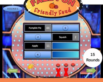 May include: A digital game screen with the text "FALL FUN Friendly Feud" and a pumpkin graphic. The game board displays categories like "Pumpkin Pie" and "Apple" with corresponding point values. The game is labeled "PowerPoint Fall Party Game" and has 15 rounds.