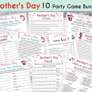 10 Mother&#39;s Day Game Bundle | Mother&#39;s Day Game For Kids & Adults | Family Activities | Mom l PDF Printable | Mother&#39;s Day Party Trivia