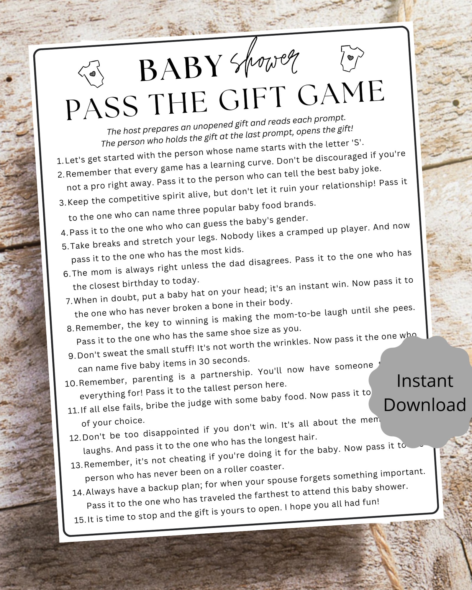 Baby Shower Pass the Gift Game Printable Game, Kraft Rustic Baby Shower ...