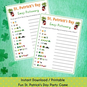 May include: Printable St. Patrick's Day Emoji Pictionary game.  Two pages with 12 lines each.  Each line has a set of emojis representing a St. Patrick's Day word or phrase.  The game is designed to be played by guessing the word or phrase from the emojis.