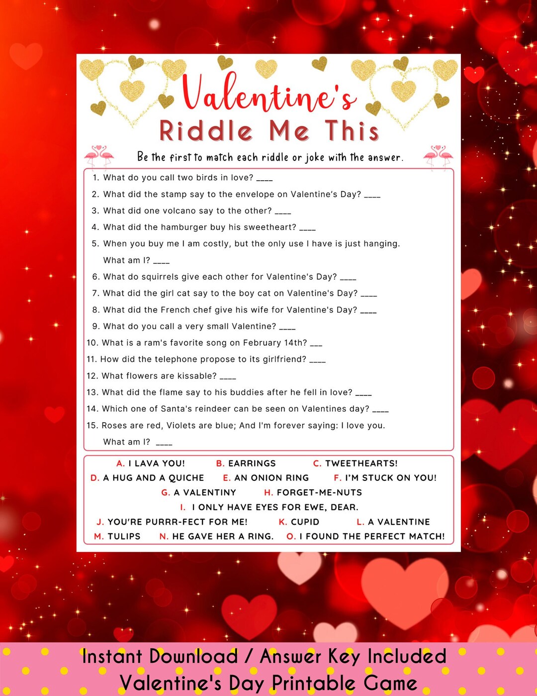 Valentine's Day Riddle Me This Game Valentine's Day Quiz Valentines Printable Game Galentine's