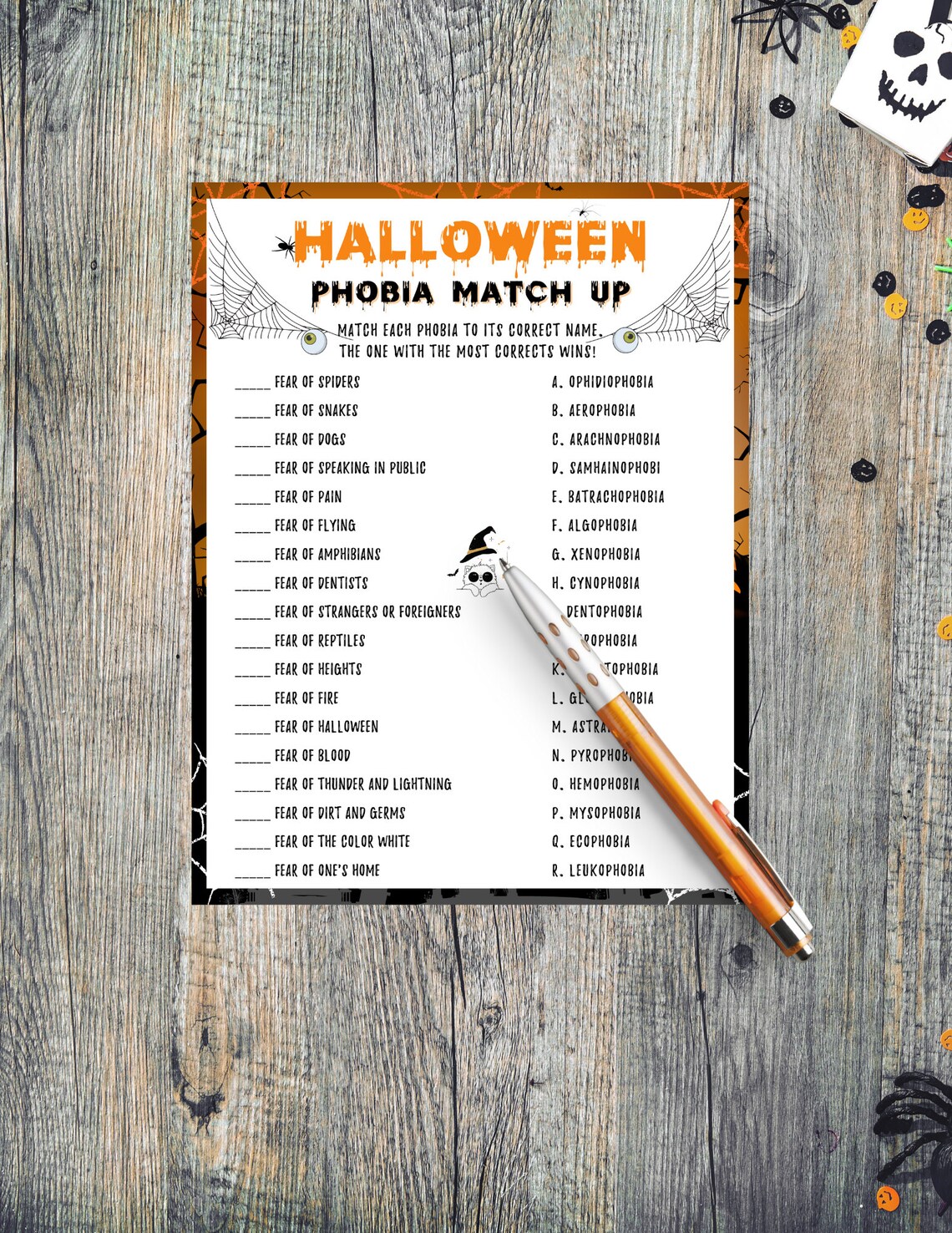 Halloween Phobia Match up Printable Game for Kids Adults - Etsy