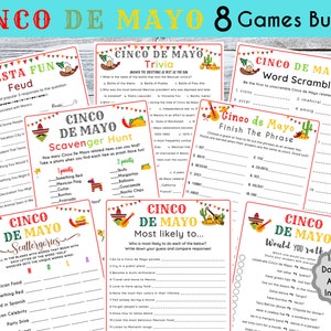 8 Pacote de jogos Cinco de Mayo l Jogo divertido para imprimir | Jogo de curiosidades da Fiesta Mexicana | Atividade Cinco de Mayo para crianças e adultos | Jogos de sala de aula