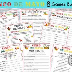 8 Cinco de Mayo Games Bundle l Fun Printable Game | Mexican Fiesta Trivia Game |  Cinco de Mayo Activity for Kids & Adults | Classroom Games