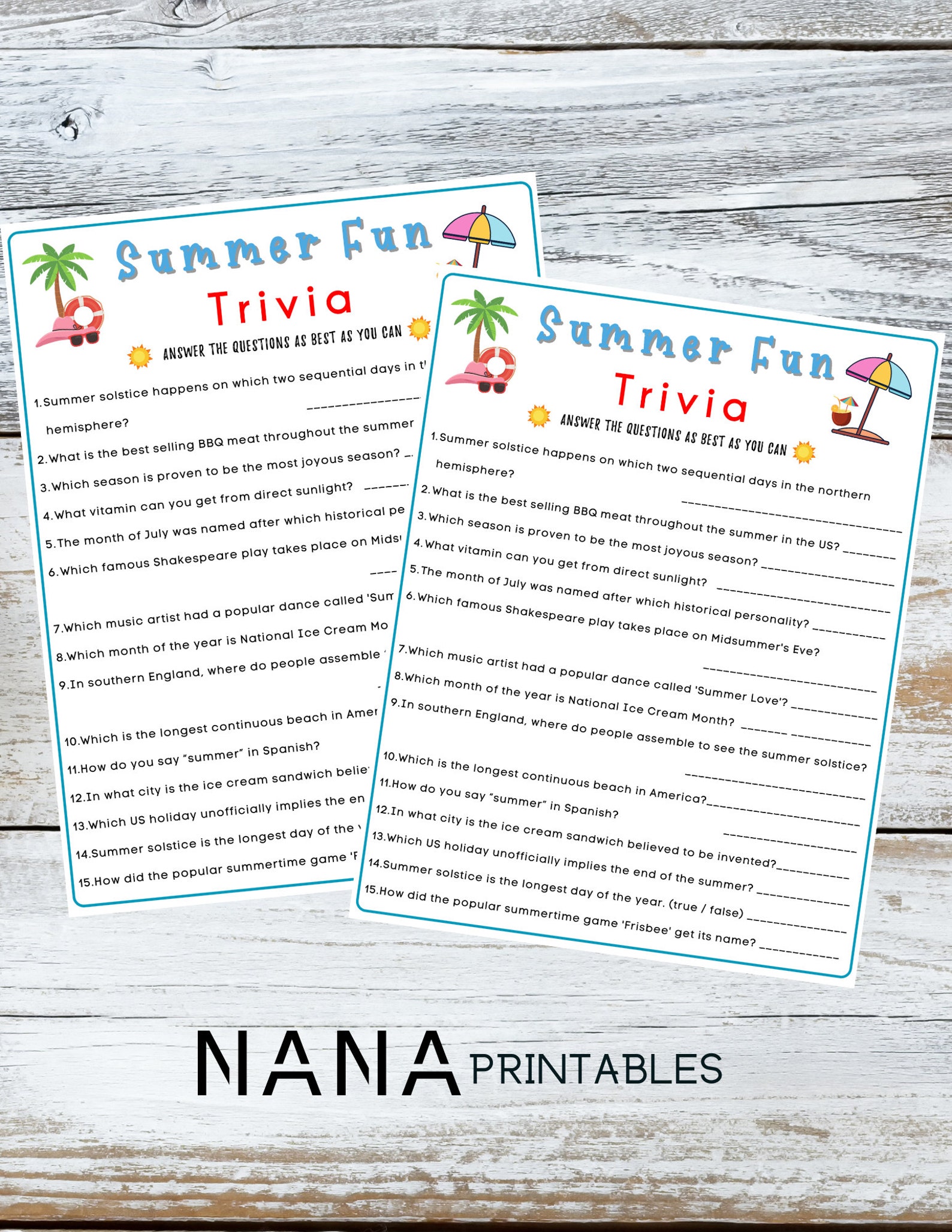 Summer Fun Trivia Game Summertime Game Summer Party Game Printable Game