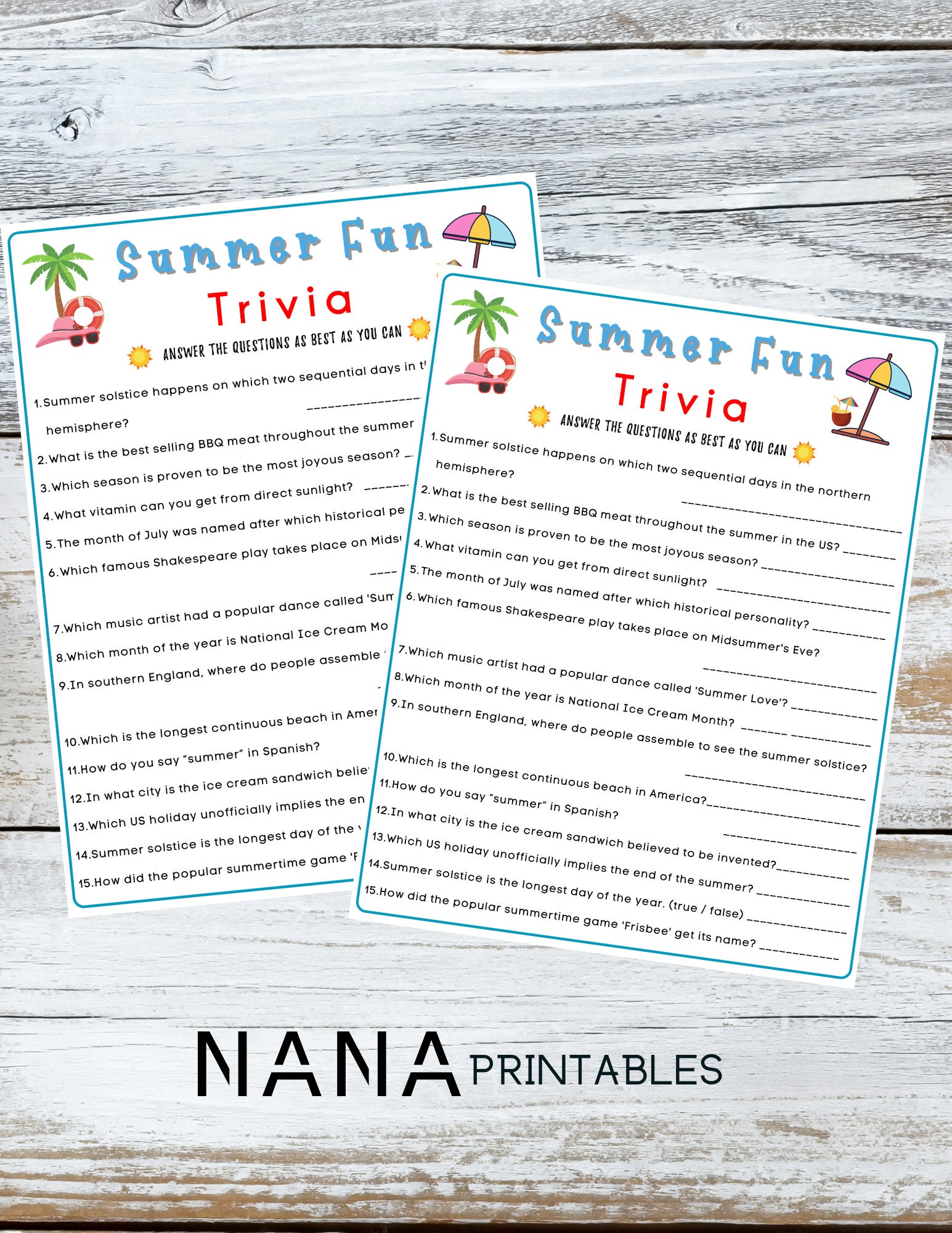 Summer Fun Trivia Game Summertime Game Summer Party Game Printable Game