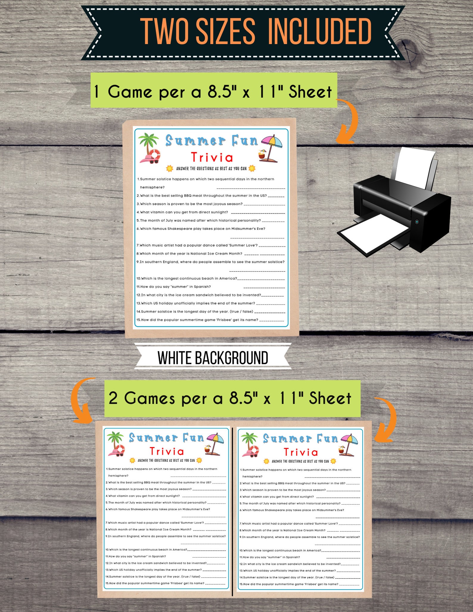 Summer Fun Trivia Game Summertime Game Summer Party Game Printable Game