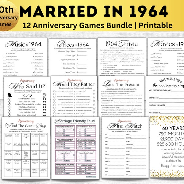 60th Wedding Anniversary Games, Married in 1964 games Bundle Printable, 1964 Trivia, Anniversary Bingo, Diamond Wedding, 60 years marriage