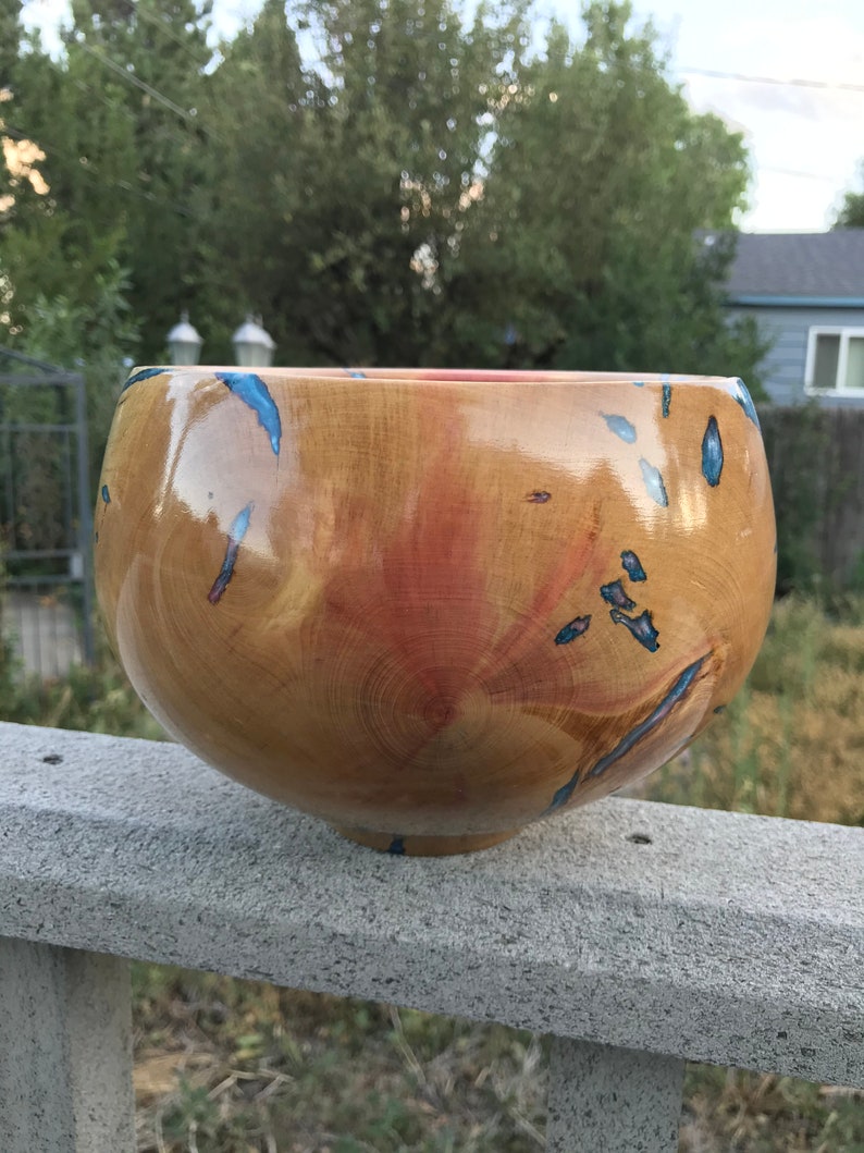 Pinyon pine wood bowl with beetle damage filled with pink ...