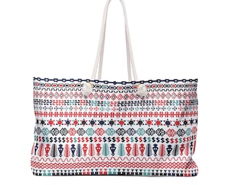 Patterned Travel Weekender Bag, Beach Tote with Rope Handles