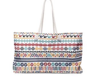 Colorful Bohemian Weekender Bag, Travel Tote, Cotton Rope Handles