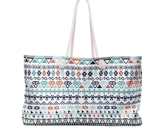Boho Weekender Bag, Geometric Print Travel Tote, Beach Carryall