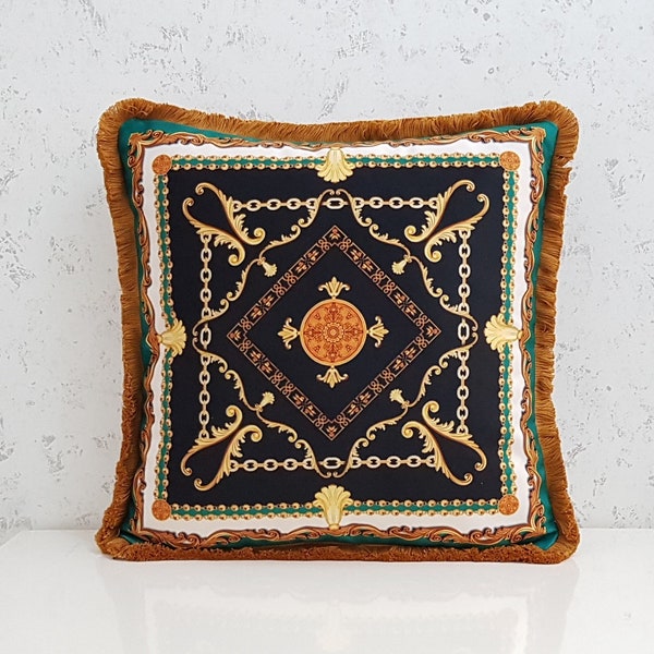 Cushion cover with velvet tassels in green black gold colors, high quality,patterned pillowcase on both sides, 18x18inch,greek key pattern