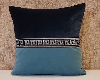 Turquoise blue and dark blue velvet pillow cushion, vercase ribbon, turquoiseversace pillow, seat cushion, luxury pillow, 16x16inch