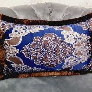 Luxury blue and brown throw pillow cover, blue ethnic pattern pillow, high quality, fringed pillow, dark blue throw pillow