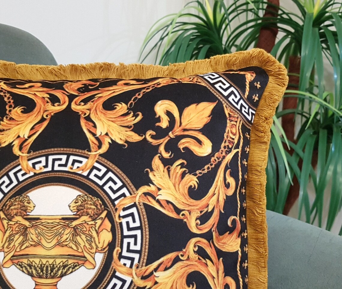 Gold Black Patterned Pillowcase Velvet Pillowcase Tassels Etsy