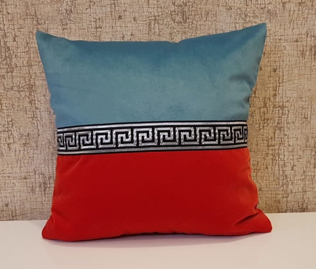 Red and Turquoise Pillow Case Blue Home Decoration Red Gift Etsy