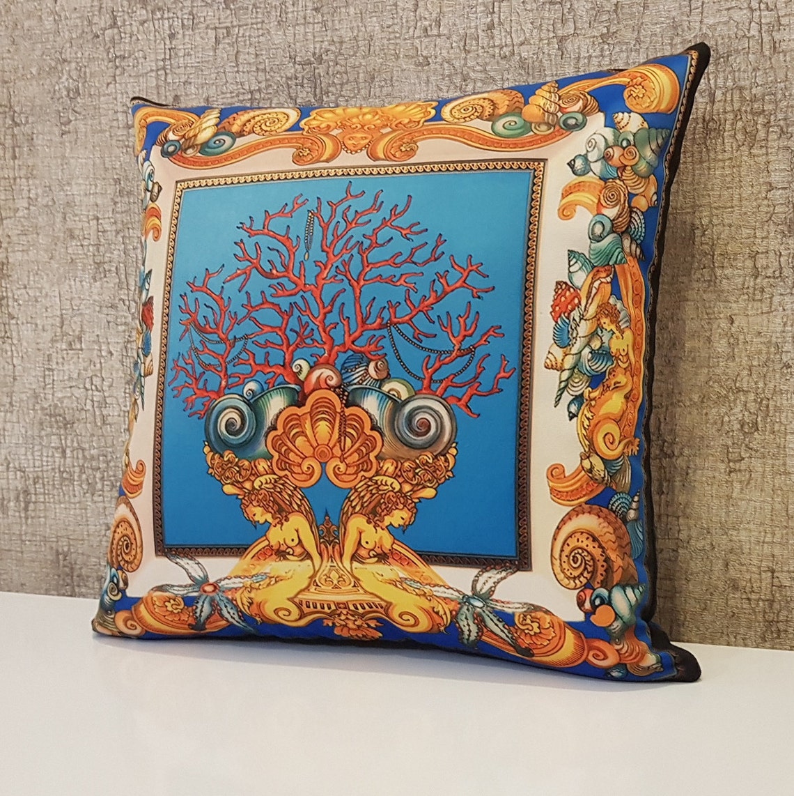 Blue and Gold Pillow Printed pillow case Seat cushion Etsy