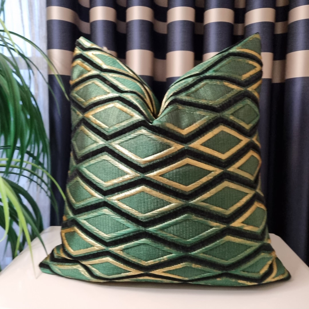 Green Patterned Pillow, Green Gold Fabric, Green Geomatric Fabric, High