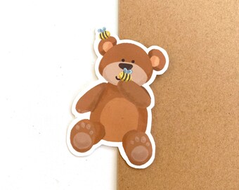 Bear and Bees Sticker - Cute Honey Bumblebees buzzing around bear matte vinyl stickers