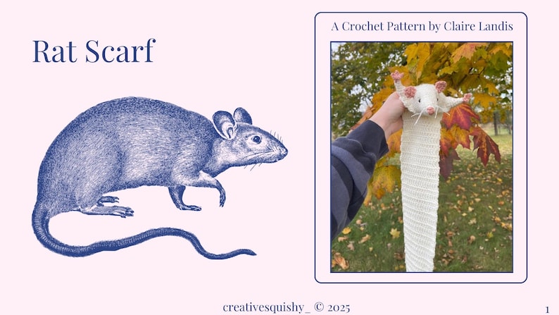 K&ouml;nnte beinhalten: Das Bild zeigt einen geh&auml;kelten Ratten-Schal mit einem Rattenkopf und einem langen, wei&szlig;en K&ouml;rper. Der Text "Rat Scarf" ist links zu sehen. Auf der rechten Seite wird der Schal gehalten, mit Herbstlaub im Hintergrund. Der Text "A Crochet Pattern by Claire Landis" ist ebenfalls sichtbar.