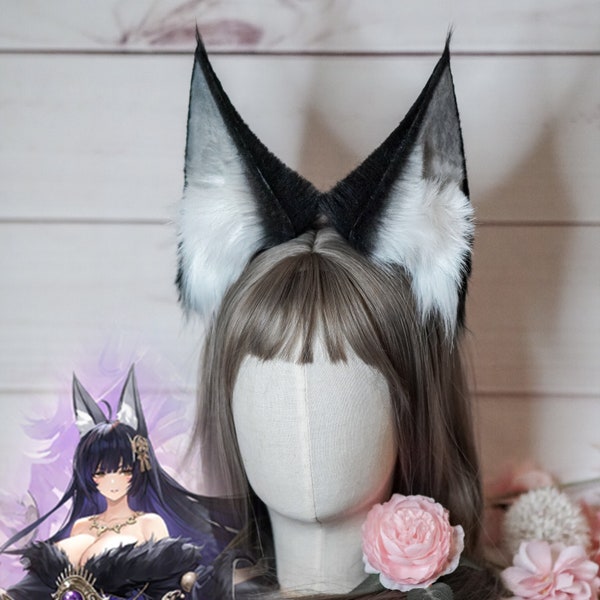 Azur Lane IJN Musashi Cosplay Ears - Black Gray Fox Ears - Fluffy Faux Fur Kitsune Ears