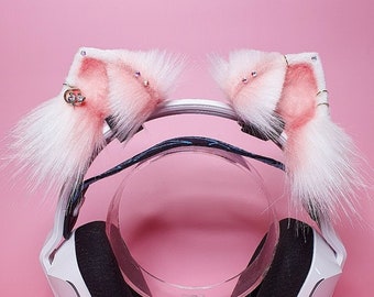 Fluffy headset cat ears in white and peach with charms