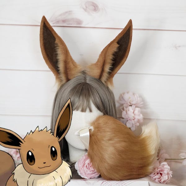 Eevee Ears And Tail Cosplay Set Handmade Faux Fur Eevee Ears And Tail In Brown And Beige