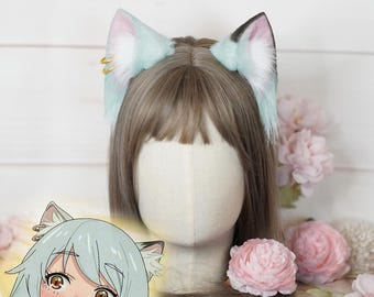 Chainsmoker Cat Yaniko Satō Cosplay Cat Ears Green Gray Cat Ears With Earrings Handmade Faux Fur Cat Ears