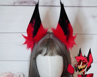 Orecchie cosplay di Alastor Hazbin Hotel in rosso e nero | Orecchie cosplay di alta qualità in pelliccia sintetica | Cosplay di Alastor