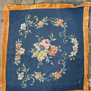 Vintage Victorian-Inspired Floral Chair Seat Cover Canvas Unframed Needlepoint Art Tapestry Velvet Border 16x17&quot;