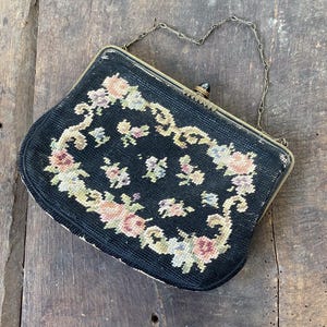 Vintage 1930&#39;s Floral Pattern Needlepoint Evening Purse with Gold Chain